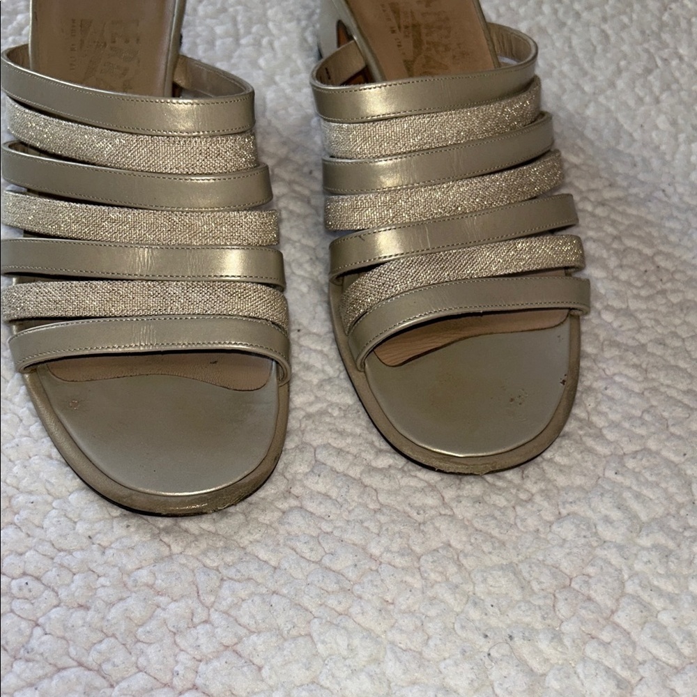 Salvatore Ferragamo Metallic Gold Strappy Mules - Picture 2 of 14
